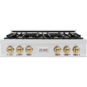 imageZLINE Autograph Edition 36 in Classic Gas Rangetop with 6 Burners and Porcelain Cooktop in Stainless Steel with Champagne Bronze Accents RTZ36CB