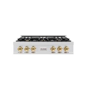 imageZLINE Autograph Edition 36 in Classic Gas Rangetop with 6 Burners and Porcelain Cooktop in Stainless Steel with Polished Gold Accents RTZ36G