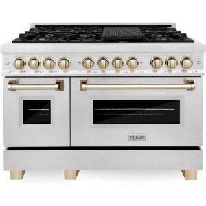 imageZLINE Autograph Edition 48 in 60 cu ft Legacy Dual Fuel Range with 7 Burner Gas Cooktop and 2 Electric Ovens in Satin Stainless Steel and Polished Gold Accents RASZSN48G