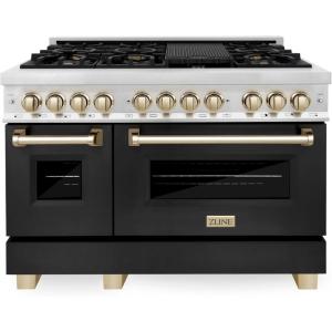 imageZLINE Autograph Edition 48 in 60 cu ft Legacy Dual Fuel Range with 7 Burner Gas Cooktop and 2 Electric Ovens in Stainless Steel with Black Matte Doors and Polished Gold Accents RAZBLM48G