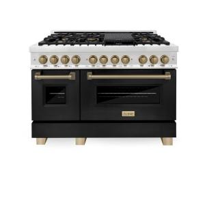 imageZLINE Autograph Edition 48 in 60 cu ft Legacy Dual Fuel Range with 7 Burner Gas Cooktop and 2 Electric Ovens in Stainless Steel with Black Matte Doors and Champagne Bronze Accents RAZBLM48CB