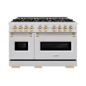 imageZLINE Autograph Edition 48 in 67 cu ft Classic Double Oven Dual Fuel Range with 8 Burner Gas Cooktop in Stainless Steel and Polished Gold Accents CDRZ48G