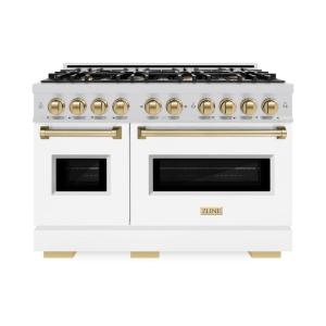 imageZLINE Autograph Edition 48 in 67 cu ft Classic Double Oven Dual Fuel Range with 8 Burner Gas Cooktop in Stainless Steel with White Matte Doors and Champagne Bronze Accents CDRZWM48CB