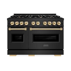 imageZLINE Autograph Edition 48 in 67 cu ft Classic Double Oven Gas Range with 8 Burner Cooktop in Black Stainless Steel and Polished Gold Accents CGRBZ48G