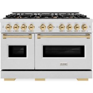 imageZLINE Autograph Edition 48 in 67 cu ft Classic Double Oven Gas Range with 8 Burner Cooktop in Satin Stainless Steel and Polished Gold Accents CGRSZ48G