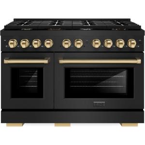 imageZLINE Autograph Edition 48 in 67 cu ft Paramount Double Oven Gas Range with 8 Burner Cooktop in Black Stainless Steel and Polished Gold Accents SGRBZ48G