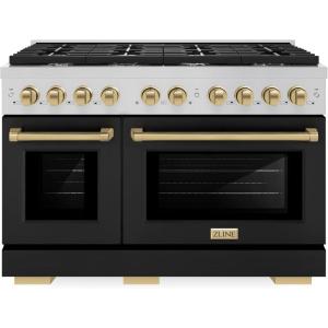 imageZLINE Autograph Edition 48 in 67 cu ft Paramount Double Oven Gas Range with 8 Burner Cooktop in Stainless Steel with Black Matte Doors and Champagne Bronze Accents SGRZBLM48CB