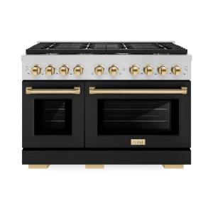 imageZLINE Autograph Edition 48 in 67 cu ft Paramount Double Oven Gas Range with 8 Burner Cooktop in Stainless Steel with Black Matte Doors and Polished Gold Accents SGRZBLM48G
