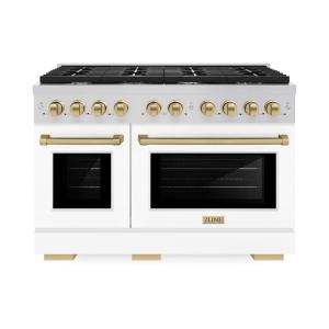 imageZLINE Autograph Edition 48 in 67 cu ft Paramount Double Oven Gas Range with 8 Burner Cooktop in Stainless Steel with White Matte Doors and Champagne Bronze Accents SGRZWM48CB