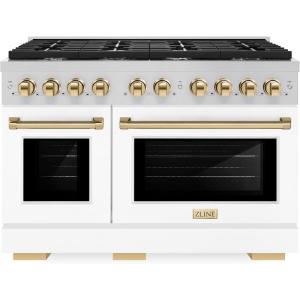 imageZLINE Autograph Edition 48 in 67 cu ft Paramount Double Oven Gas Range with 8 Burner Cooktop in Stainless Steel with White Matte Doors and Polished Gold Accents SGRZWM48G