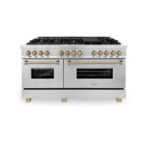 imageZLINE Autograph Edition 60 in 74 cu ft Legacy Dual Fuel Range with 9 Burner Gas Cooktop and 2 Electric Convection Ovens in Satin Stainless Steel and Champagne Bronze Accents RASZSN60CB