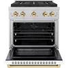 imageZLINE Autograph 30 in 42 cu ft Paramount Dual Fuel Range with 4 Burner DuoPro Cooktop and Electric Convection Oven in Satin Stainless Steel with White Door and Gold Accents PSDRSZWM30G