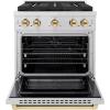 imageZLINE Autograph Edition 30 in 42 cu ft Paramount Dual Fuel Range with 4 Burner DuoPro Cooktop and Electric Convection Oven in Stainless Steel with Polished Gold Accents PSDRZ30G