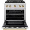 imageZLINE Autograph Edition 30 in 42 cu ft Paramount Gas Range with 4 Burner DuoPro Cooktop and Convection Gas Oven in Satin Stainless Steel and Polished Gold Accents PSGRSZ30G