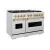 imageZLINE Autograph Edition 48 in 67 cu ft Classic Double Oven Dual Fuel Range with 8 Burner Gas Cooktop in Satin Stainless Steel and Polished Gold Accents CDRSZ48G