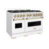 imageZLINE Autograph Edition 48 in 67 cu ft Classic Double Oven Gas Range with 8 Burner Cooktop in Satin Stainless Steel with White Matte Doors and Polished Gold Accents CGRSZWM48G