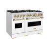 imageZLINE Autograph Edition 48 in 67 cu ft Classic Double Oven Gas Range with 8 Burner Cooktop in Stainless Steel with White Matte Doors and Polished Gold Accents CGRZWM48G