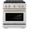 imageZLINE Autograph Edition 30 in 42 cu ft Paramount Gas Range with 4 Burner DuoPro Cooktop and Convection Gas Oven in Satin Stainless Steel and Champagne Bronze Accents PSGRSZ30CB