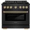 imageZLINE Autograph Edition 36 in 52 cu ft Paramount Dual Fuel Range with 6 Burner DuoPro Cooktop and Electric Convection Oven in Black Stainless Steel and Polished Gold Accents PSDRBZ36G