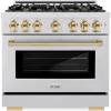 imageZLINE Autograph Edition 36 in 52 cu ft Select Dual Fuel Range with 6 Burner Gas Cooktop and Electric Convection Oven in Satin Stainless Steel with Polished Gold Accents HDRSZ36G