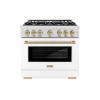 imageZLINE Autograph Edition 36 in 52 cu ft Select Gas Range with 6 Burner Cooktop and Convection Gas Oven in Satin Stainless Steel with White Matte Door and Champagne Bronze Accents HGRSZWM36CB