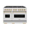 imageZLINE Autograph Edition 48 in 67 cu ft Classic Double Oven Dual Fuel Range with 8 Burner Gas Cooktop in Satin Stainless Steel and Polished Gold Accents CDRSZ48G
