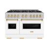 imageZLINE Autograph Edition 48 in 67 cu ft Classic Double Oven Dual Fuel Range with 8 Burner Gas Cooktop in Satin Stainless Steel with White Matte Doors and Polished Gold Accents CDRSZWM48G