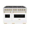 imageZLINE Autograph Edition 48 in 67 cu ft Classic Double Oven Gas Range with 8 Burner Cooktop in Satin Stainless Steel with White Matte Doors and Champagne Bronze Accents CGRSZWM48CB