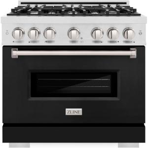 imageZLINE 36 in 52 cu ft Classic Gas Range with 6 Burner Cooktop and Convection Gas Oven in Satin Stainless Steel with Black Matte Door CGRSBLM36