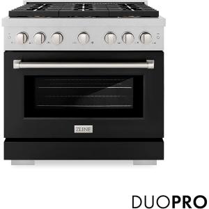 imageZLINE 36 in 52 cu ft Paramount Gas Range with 6 Burner DuoPro Cooktop and Convection Gas Oven in Satin Stainless Steel with Black Matte Door PSGRSBLM36