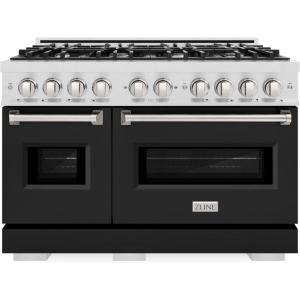 imageZLINE 48 in 67 cu ft Classic Double Oven Dual Fuel Range with 8 Burner Gas Cooktop in Satin Stainless Steel with Black Matte Doors CDRSBLM48
