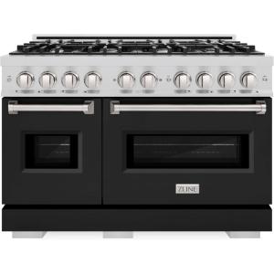 imageZLINE 48 in 67 cu ft Classic Double Oven Gas Range with 8 Burner Cooktop in Stainless Steel with Black Matte Doors CGRBLM48