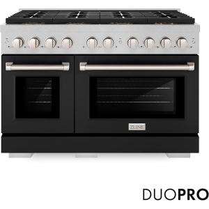 imageZLINE 48 in 67 cu ft Paramount Gas Range with 8 Burner DuoPro Cooktop and Dual Ovens in Satin Stainless Steel with Black Matte Doors PSGRSBLM48