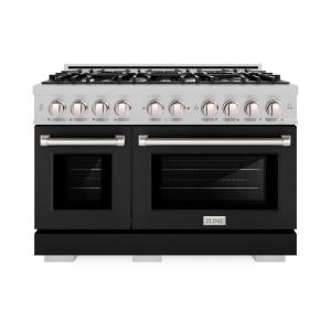 imageZLINE 48 in 67 cu ft Select Double Oven Dual Fuel Range with 8 Burner Gas Cooktop in Satin Stainless Steel with Black Matte Doors HDRSBLM48