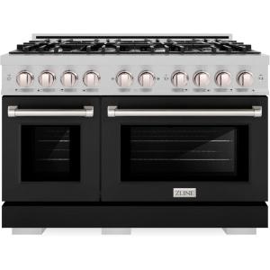 imageZLINE 48 in 67 cu ft Select Double Oven Gas Range with 8 Burner Cooktop in Satin Stainless Steel with Black Matte Doors HGRSBLM48