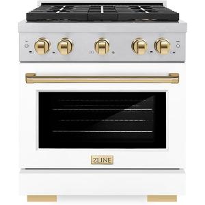 imageZLINE Autograph 30 in 42 cu ft Paramount Dual Fuel Range with 4 Burner DuoPro Cooktop and Electric Convection Oven in Satin Stainless Steel with White Door and Gold Accents PSDRSZWM30G