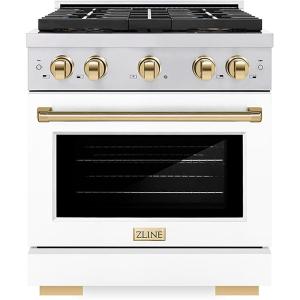 imageZLINE Autograph 30 in 42 cu ft Paramount Dual Fuel Range with 4 Burner DuoPro Cooktop and Electric Convection Oven in Stainless Steel with White Door and Polished Gold Accents PSDRZWM30G