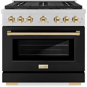 imageZLINE Autograph 36 in 52 cu ft Paramount Dual Fuel Range with 6 Burner DuoPro Cooktop and Electric Convection Oven in Satin Stainless Steel with Black Door and Gold Accents PSDRSZBLM36G
