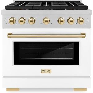 imageZLINE Autograph 36 in 52 cu ft Paramount Dual Fuel Range with 6 Burner DuoPro Cooktop and Electric Convection Oven in Satin Stainless Steel with White Door and Gold Accents PSDRSZWM36G