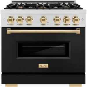 imageZLINE Autograph 36 in Classic Dual Fuel Satin Steel Range wBlack amp Gold Accents