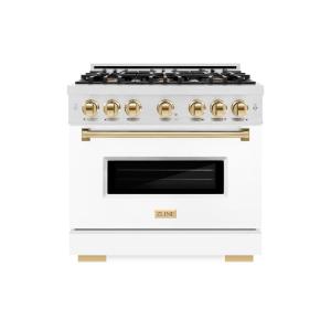 imageZLINE Autograph 36 in Classic Dual Fuel Satin Steel Range wWhite amp Gold Accents