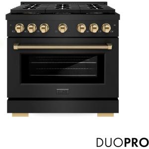 imageZLINE Autograph 36 in Paramount DuoPro Gas Range in Black Steel with Polished Gold Helix Handles PSGRBZ36KG