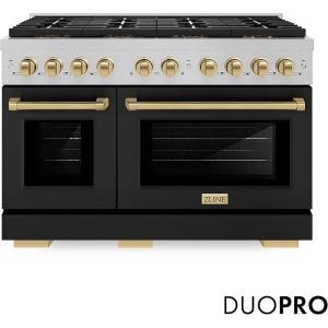 imageZLINE Autograph 48 in 67 cu ft Paramount Dual Fuel Range with 8 Burner DuoPro Cooktop and Dual Ovens in Satin Stainless Steel with Black Matte Doors and Champagne Bronze Accents PSDRSZBLM48CB