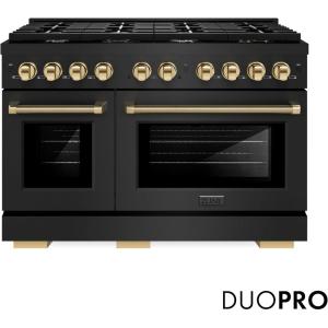 imageZLINE Autograph 48 in Paramount DuoPro Dual Fuel Range in Black Steel with Polished Gold Handles PSDRBZ48KG
