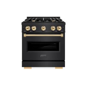 imageZLINE Autograph Edition 30 in 42 cu ft Classic Dual Fuel Range with 4 Burner Gas Cooktop and Electric Convection Oven in Black Stainless Steel with Polished Gold Accents CDRBZ30G