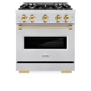 imageZLINE Autograph Edition 30 in 42 cu ft Classic Dual Fuel Range with 4 Burner Gas Cooktop and Electric Convection Oven in Satin Stainless Steel with Polished Gold Accents CDRSZ30G