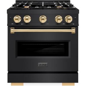 imageZLINE Autograph Edition 30 in 42 cu ft Classic Gas Range with 4 Burner Cooktop and Convection Gas Oven in Black Stainless Steel and Polished Gold Accents CGRBZ30G