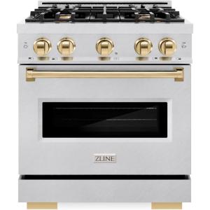 imageZLINE Autograph Edition 30 in 42 cu ft Classic Gas Range with 4 Burner Cooktop and Convection Gas Oven in Satin Stainless Steel and Polished Gold Accents CGRSZ30G
