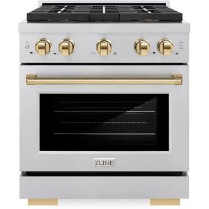 imageZLINE Autograph Edition 30 in 42 cu ft Paramount Dual Fuel Range with 4 Burner DuoPro Cooktop and Electric Convection Oven in Satin Stainless Steel and Polished Gold Accents PSDRSZ30G