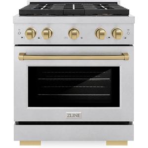 imageZLINE Autograph Edition 30 in 42 cu ft Paramount Dual Fuel Range with 4 Burner DuoPro Cooktop and Electric Convection Oven in Satin Stainless Steel and Champagne Bronze Accents PSDRSZ30CB
